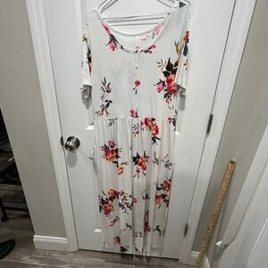 LONGYUAN Women Floral Short Sleeve Empire Waist Maxi Dress with Pockets 2XL